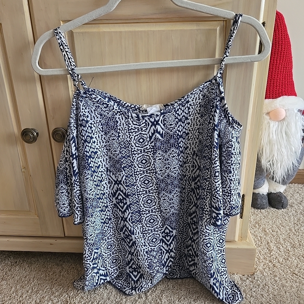 Moon Kiss Womens Blue & White Aztec Print Off The Shoulder Blouse Top